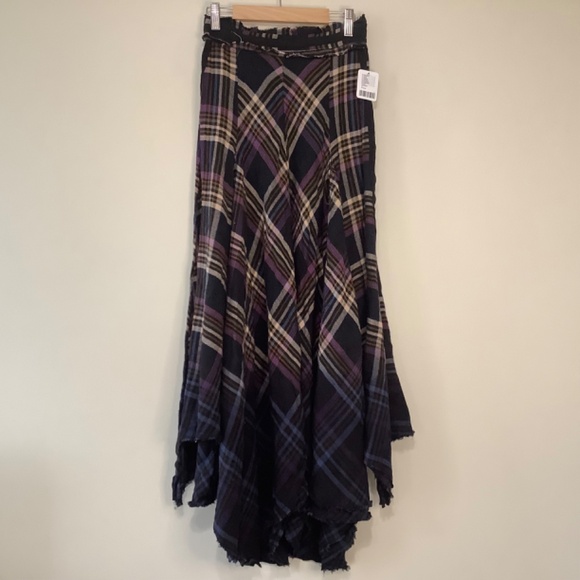 Free People Ombré Dip-dyed Plaid Maxi Skirt Frayed Hem Purple Red Black - Picture 5 of 7